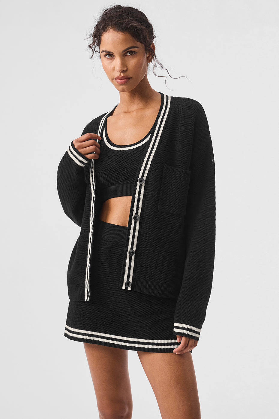 Tennis Club Sweater Knit Cardigan — Black/Ivory