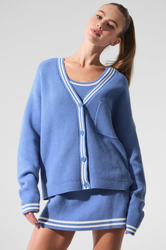 Tennis Club Sweater Knit Cardigan — Crystal Clear Blue/White