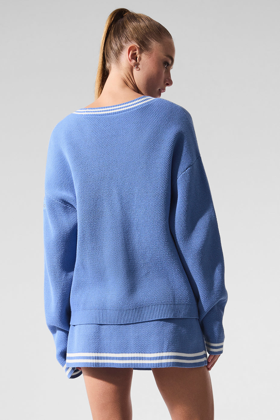 Tennis Club Sweater Knit Cardigan — Crystal Clear Blue/White
