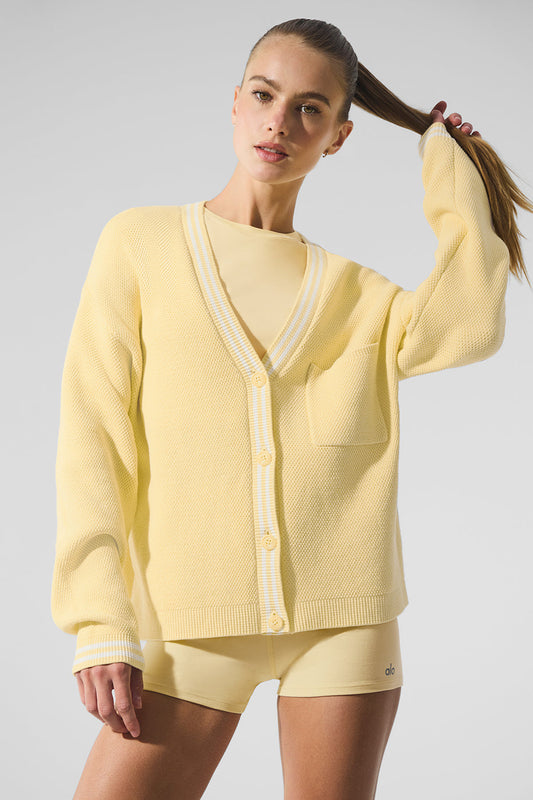 Tennis Club Sweater Knit Cardigan — Warm Butter/White