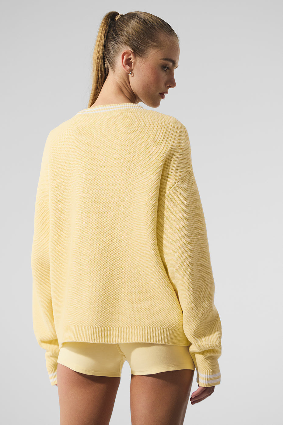Tennis Club Sweater Knit Cardigan — Warm Butter/White
