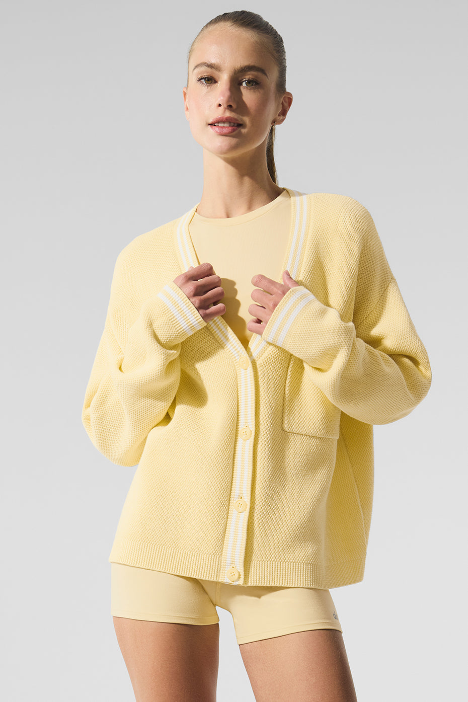 Tennis Club Sweater Knit Cardigan — Warm Butter/White