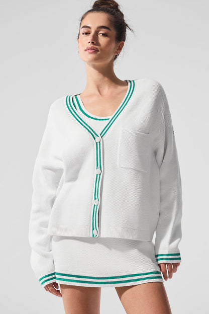 Tennis Club Sweater Knit Cardigan — White/Spruce Green