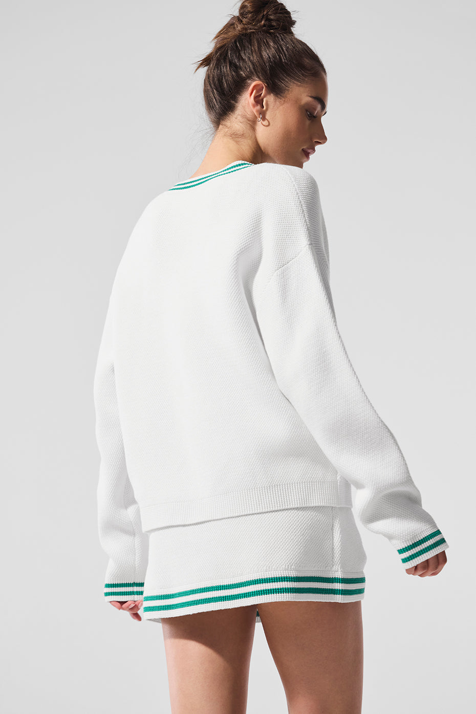 Tennis Club Sweater Knit Cardigan — White/Spruce Green