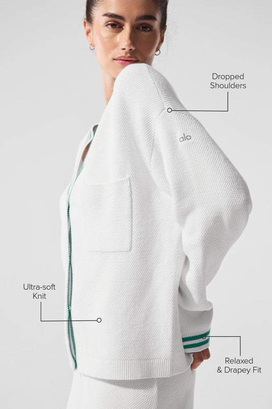 Tennis Club Sweater Knit Cardigan — White/Spruce Green