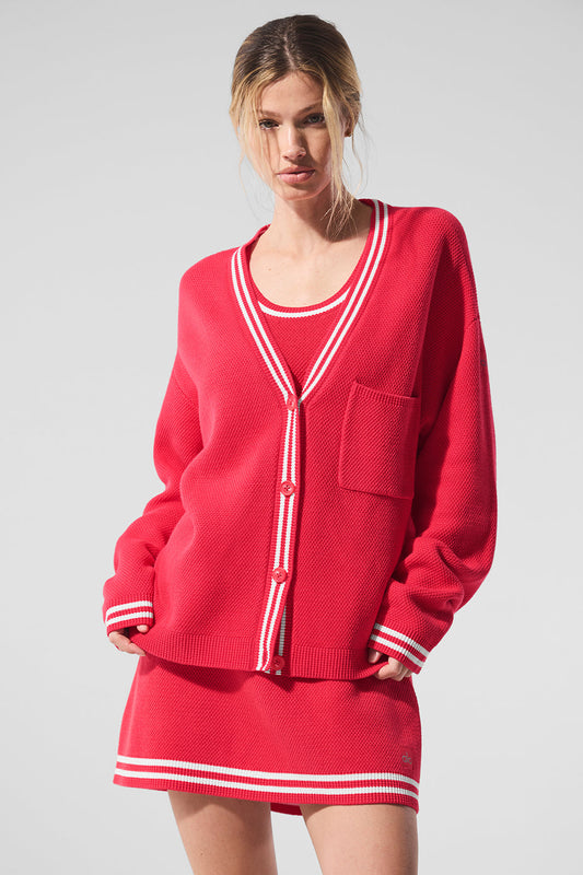 Tennis Club Sweater Knit Cardigan — Candy Red/White