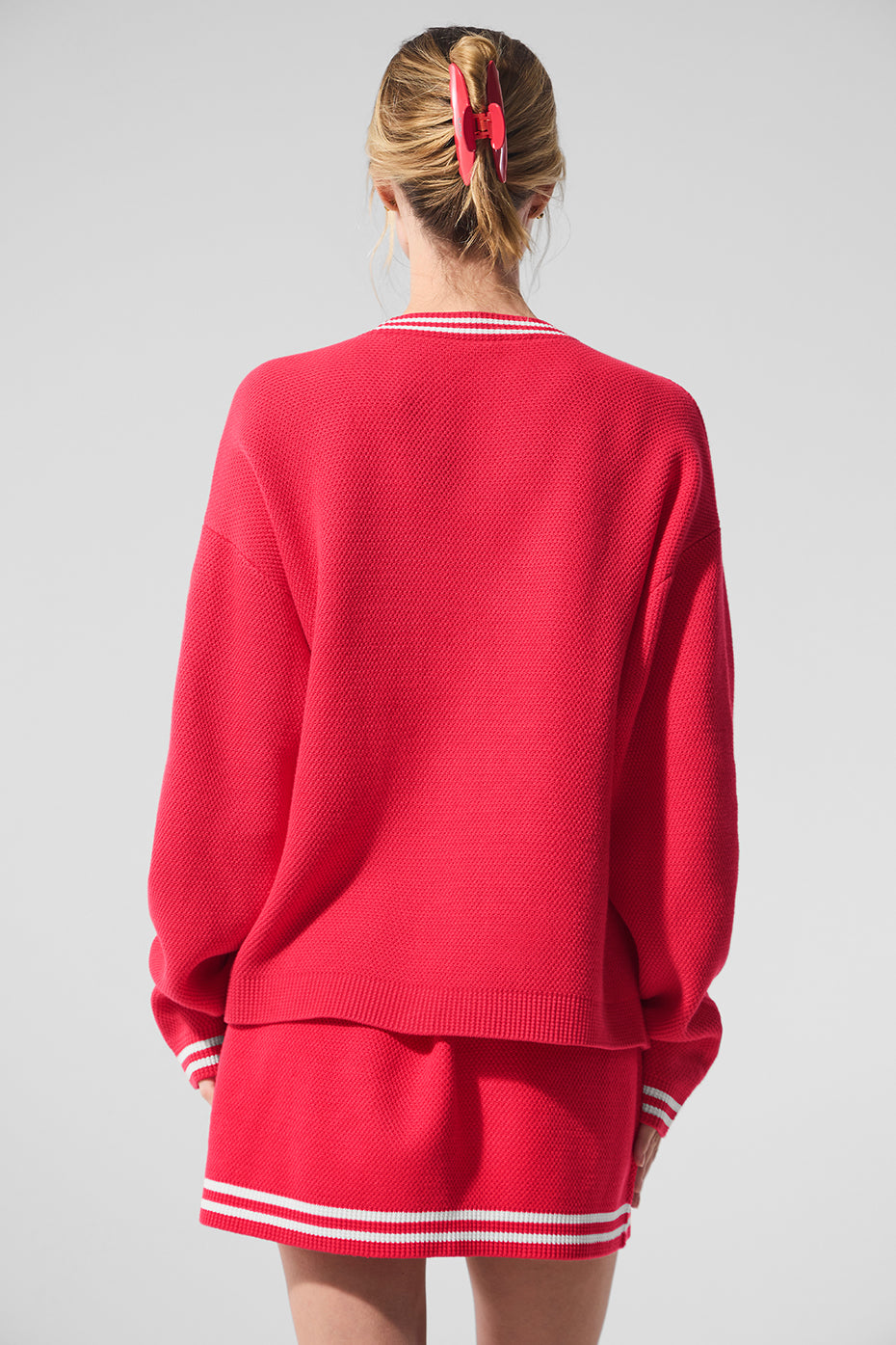 Tennis Club Sweater Knit Cardigan — Candy Red/White