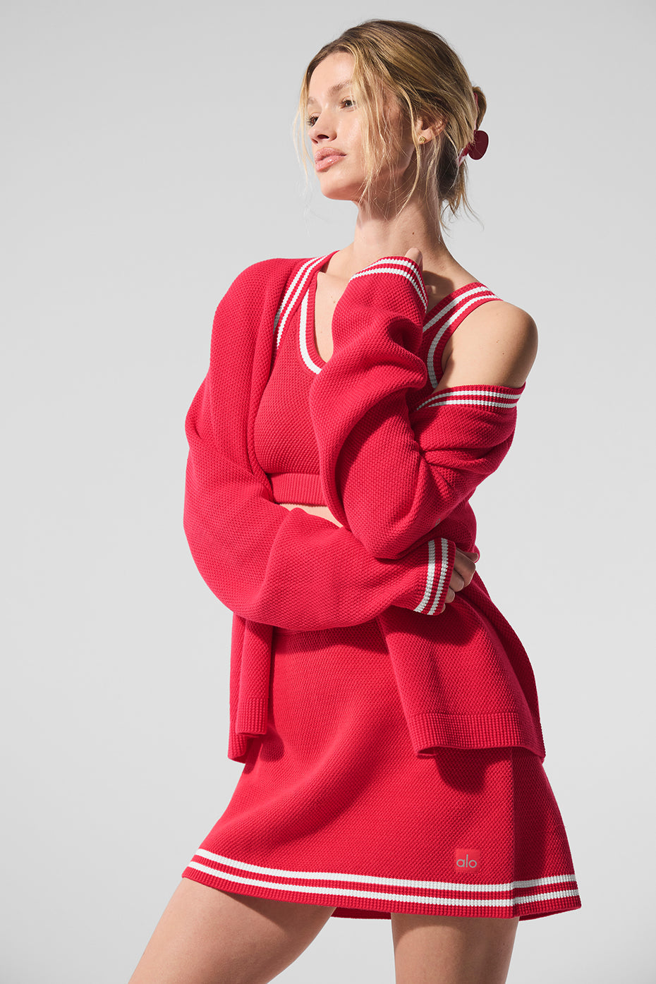Tennis Club Sweater Knit Cardigan — Candy Red/White