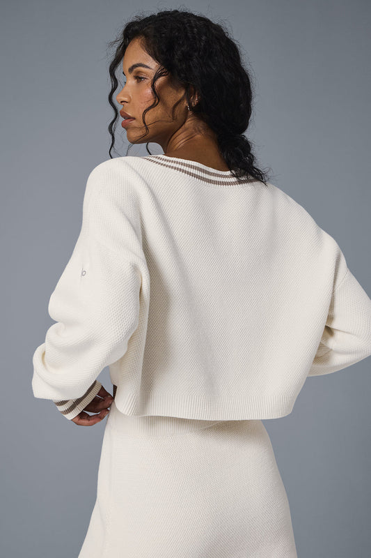 Tennis Club Sweater Knit V — Neck Crew Sweatshirt — Ivory/Gravel