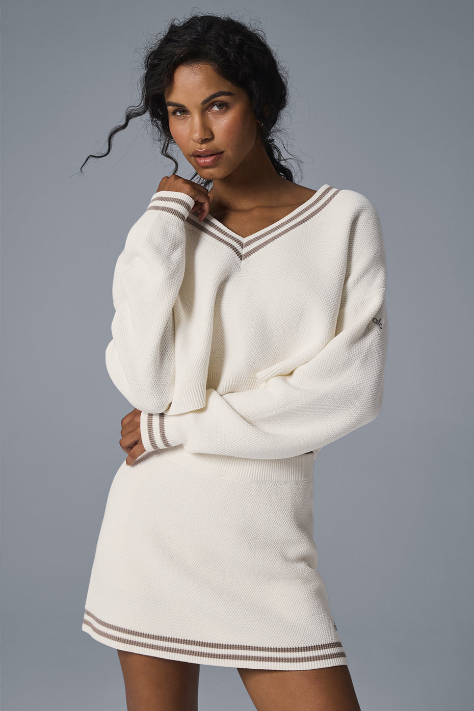 Tennis Club Sweater Knit V — Neck Crew Sweatshirt — Ivory/Gravel