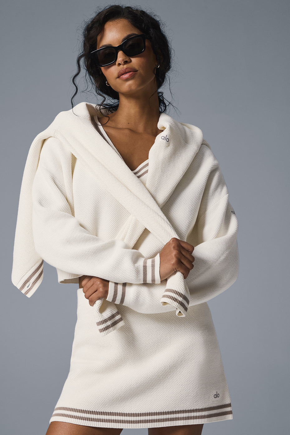 Tennis Club Sweater Knit V — Neck Crew Sweatshirt — Ivory/Gravel