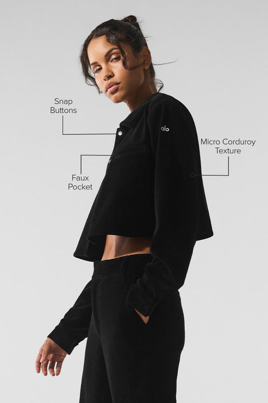 Micro Corduroy Cropped Dreamer Button Down — Black
