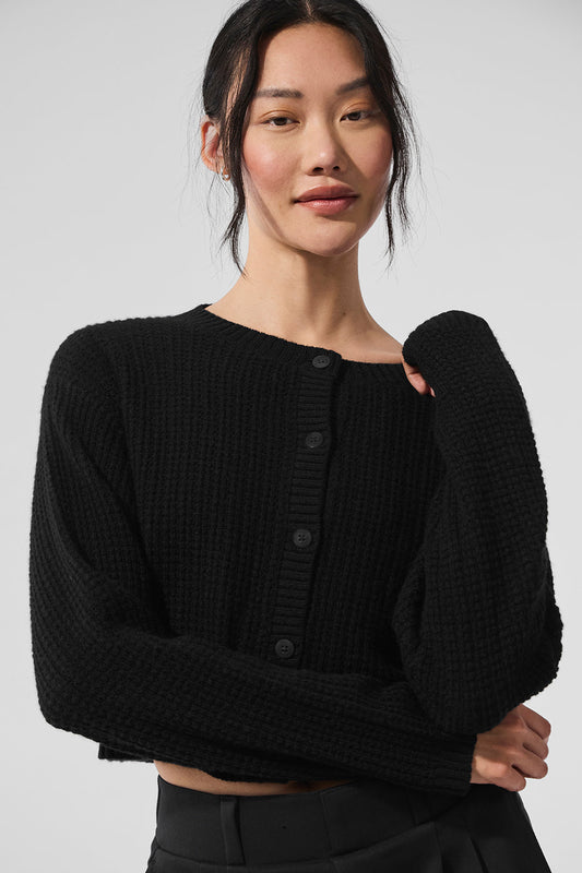 Cashmere Plush Waffle Cardigan — Black