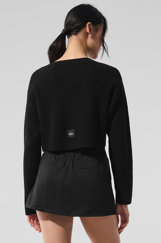 Cashmere Plush Waffle Cardigan — Black