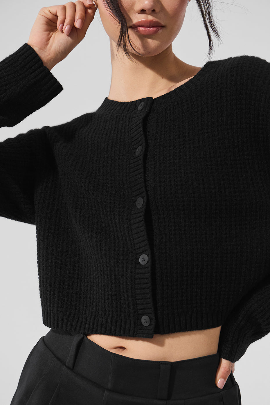 Cashmere Plush Waffle Cardigan — Black