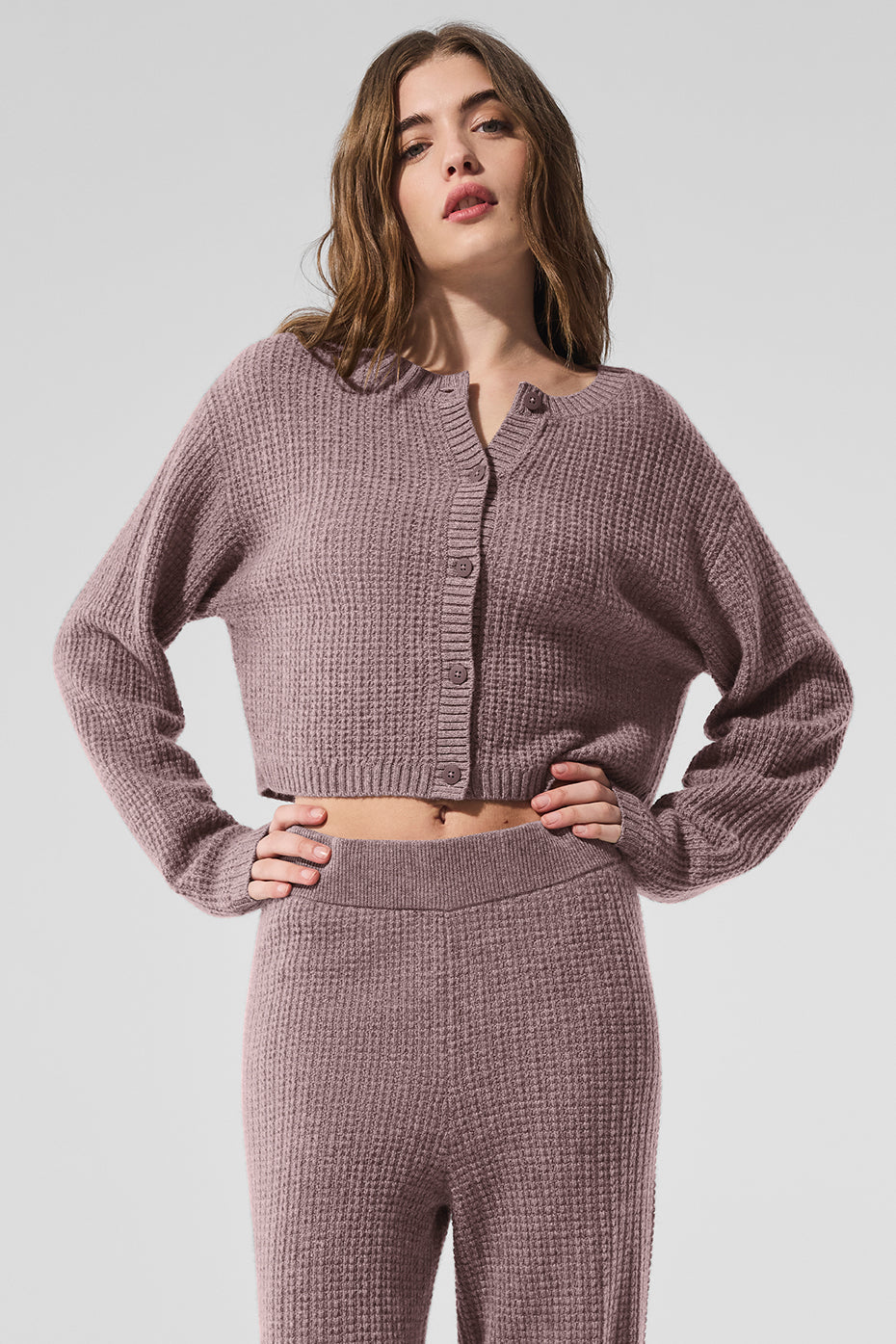Cashmere Plush Waffle Cardigan — Mushroom Heather