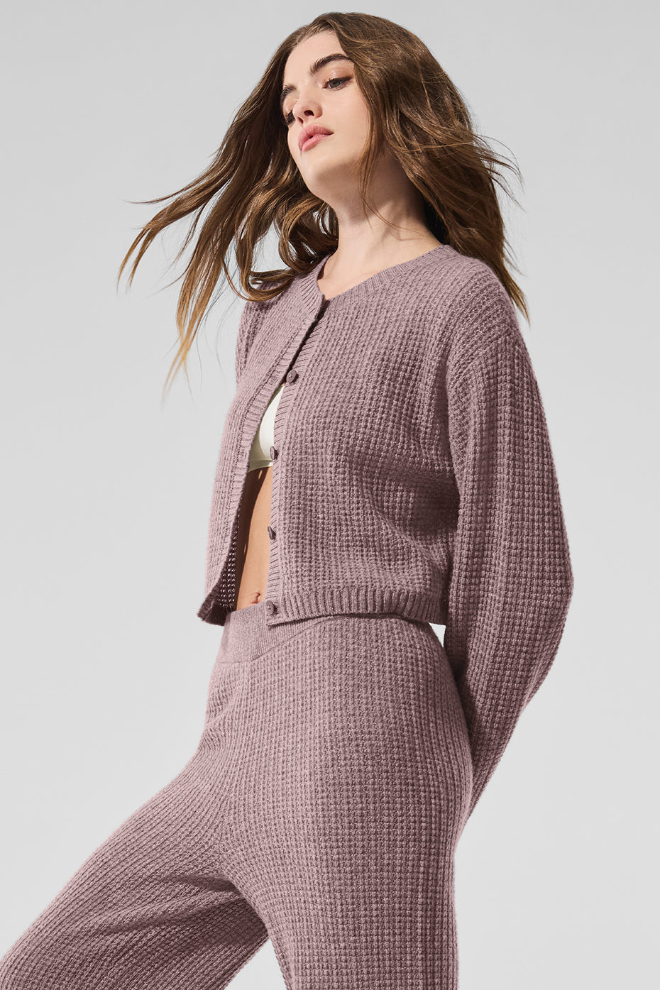 Cashmere Plush Waffle Cardigan — Mushroom Heather