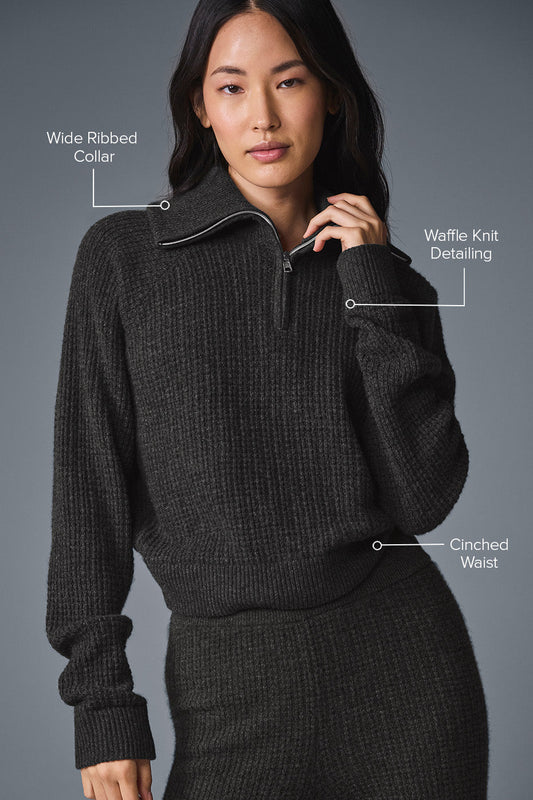 Cashmere Plush Waffle 1/4 Zip Crew Sweatshirt — Dark Heather Grey