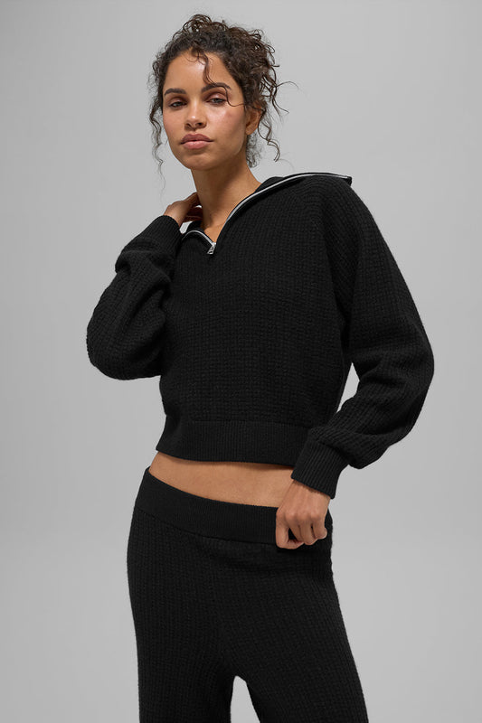 Cashmere Plush Waffle 1/4 Zip Crew Sweatshirt — Black