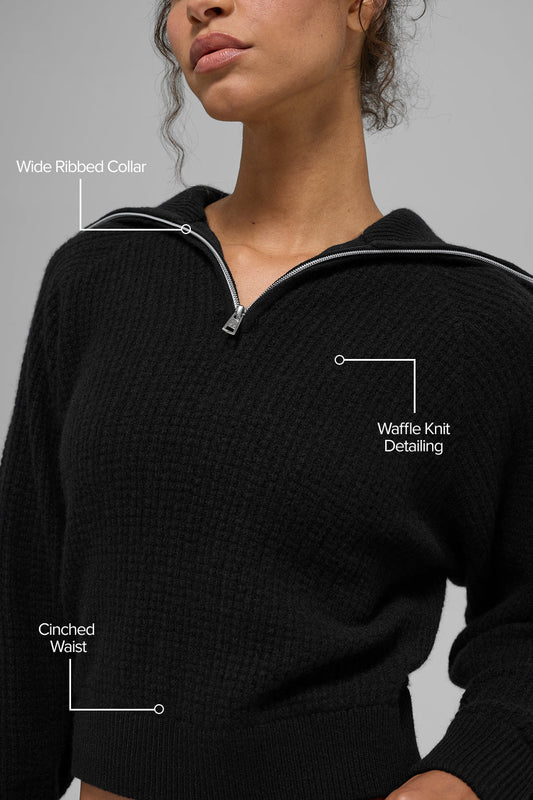 Cashmere Plush Waffle 1/4 Zip Crew Sweatshirt — Black