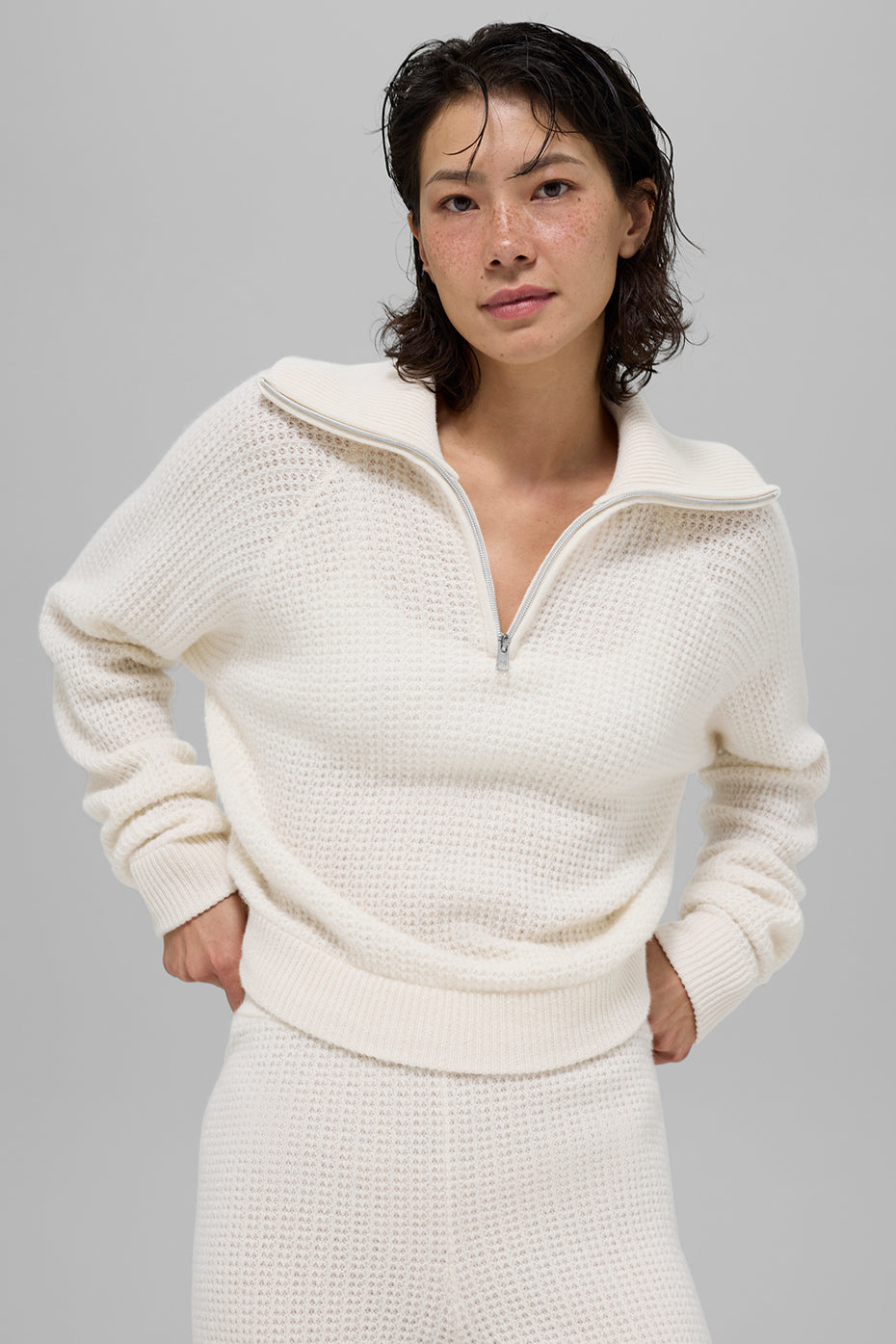 Cashmere Plush Waffle 1/4 Zip Crew Sweatshirt — Ivory