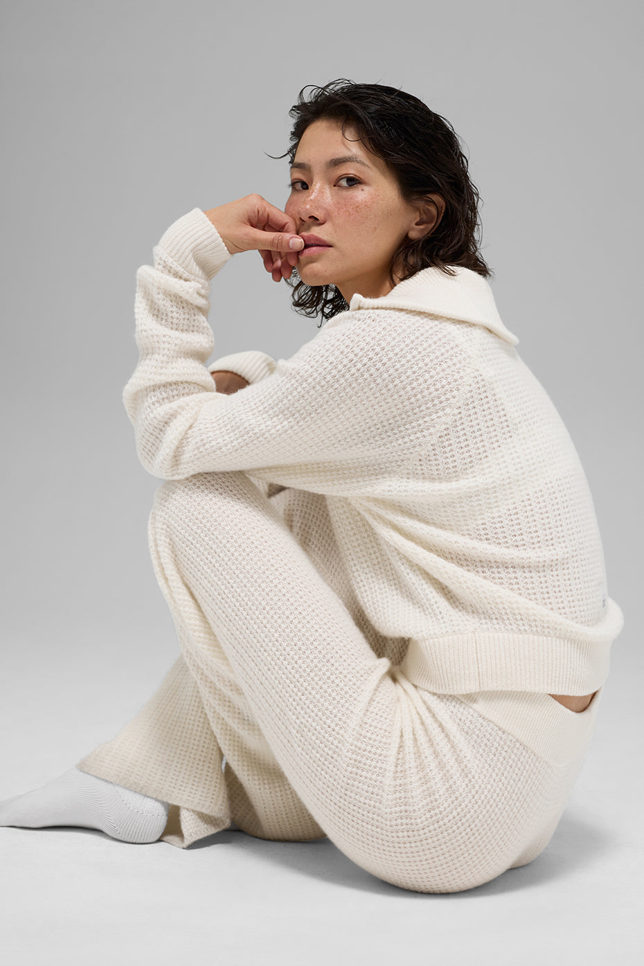 Cashmere Plush Waffle 1/4 Zip Crew Sweatshirt — Ivory