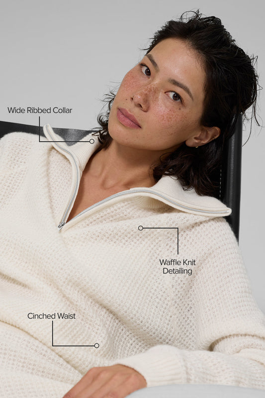 Cashmere Plush Waffle 1/4 Zip Crew Sweatshirt — Ivory