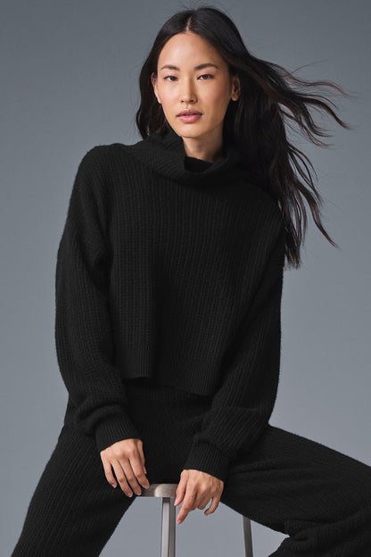 Cashmere Plush Waffle Turtleneck Crew Sweatshirt — Black