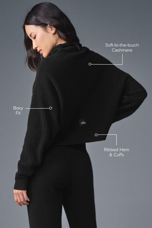 Cashmere Plush Waffle Turtleneck Crew Sweatshirt — Black