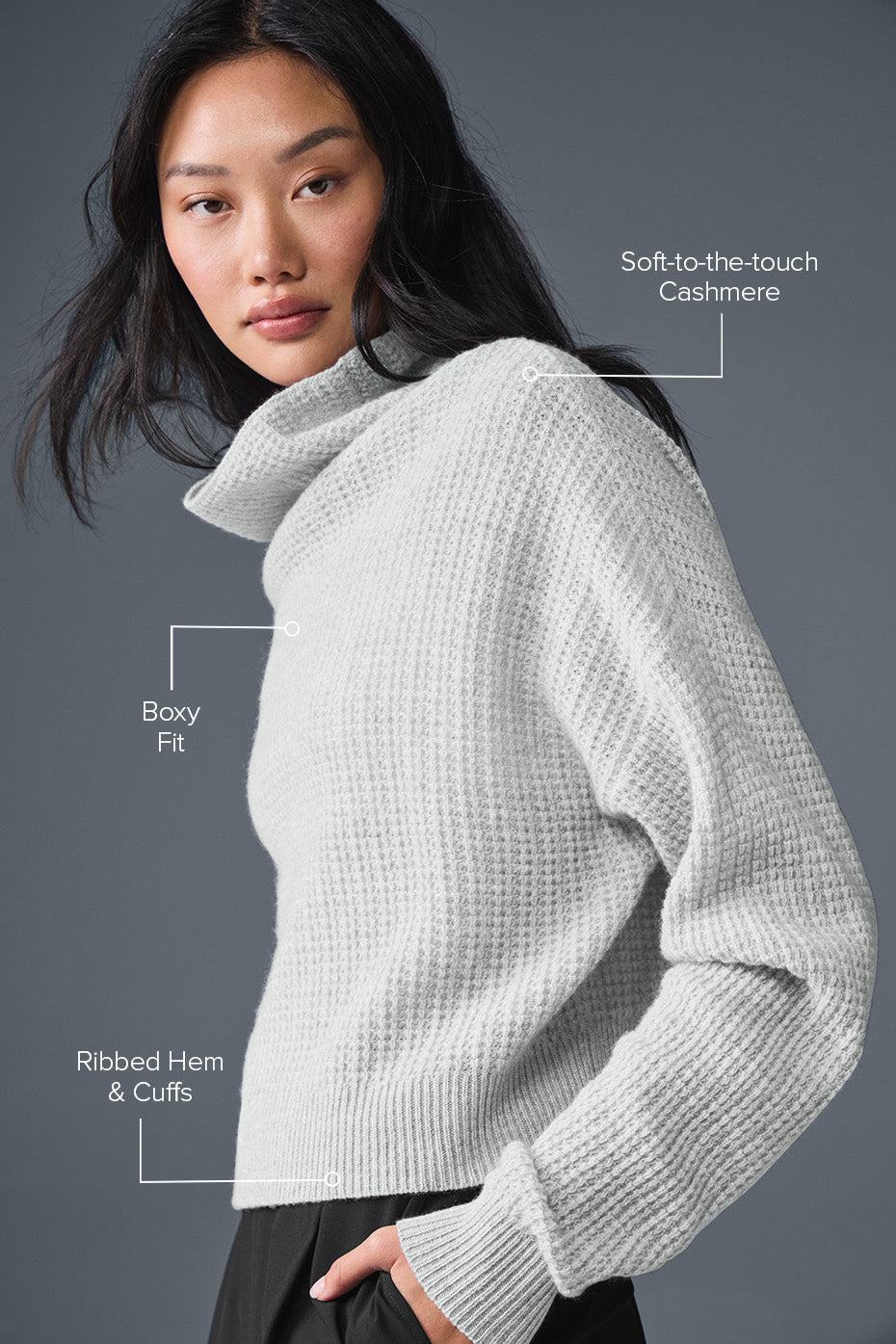 Cashmere Plush Waffle Turtleneck Crew Sweatshirt — Athletic Heather Grey