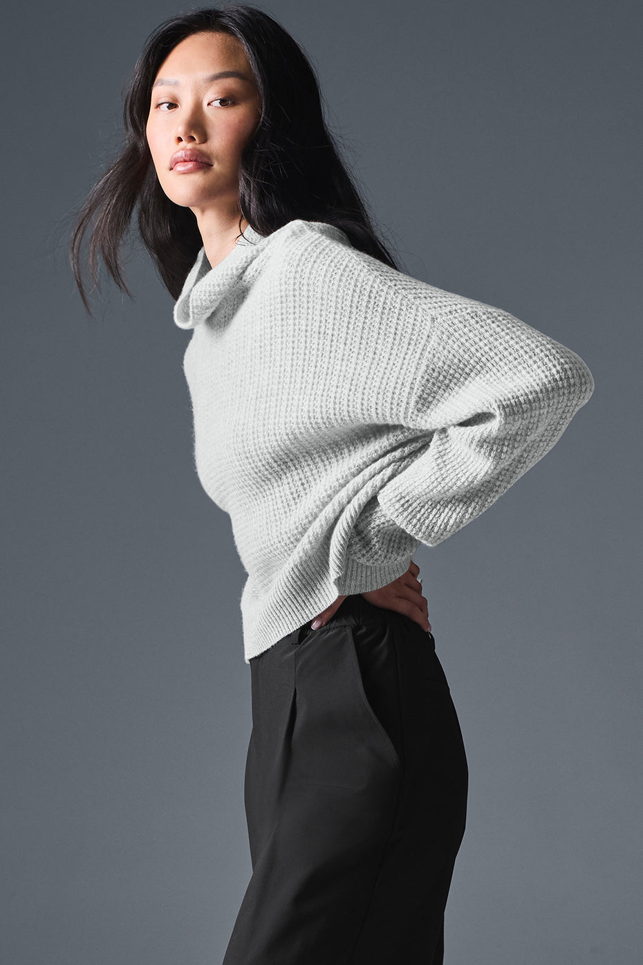 Cashmere Plush Waffle Turtleneck Crew Sweatshirt — Athletic Heather Grey