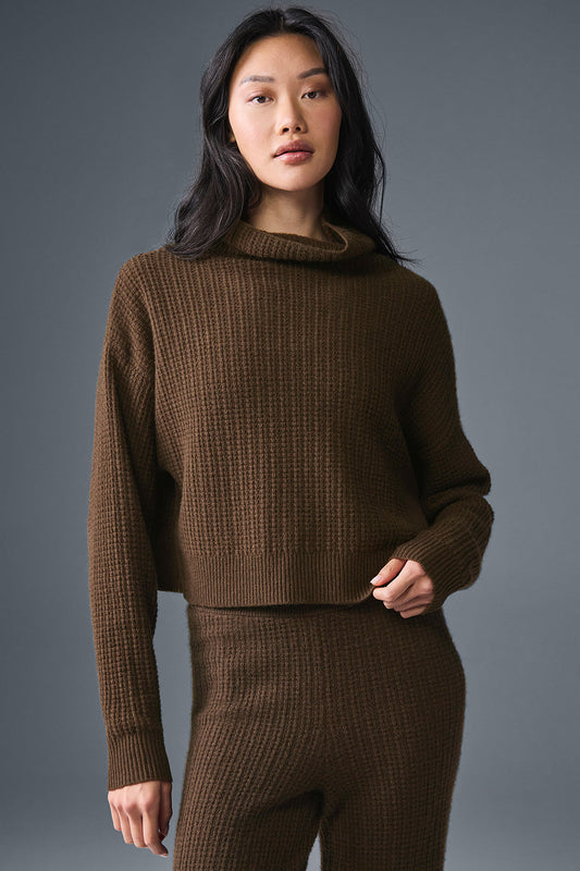 Cashmere Plush Waffle Turtleneck Crew Sweatshirt — Espresso