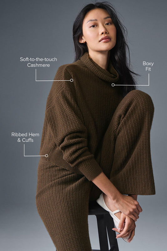 Cashmere Plush Waffle Turtleneck Crew Sweatshirt — Espresso