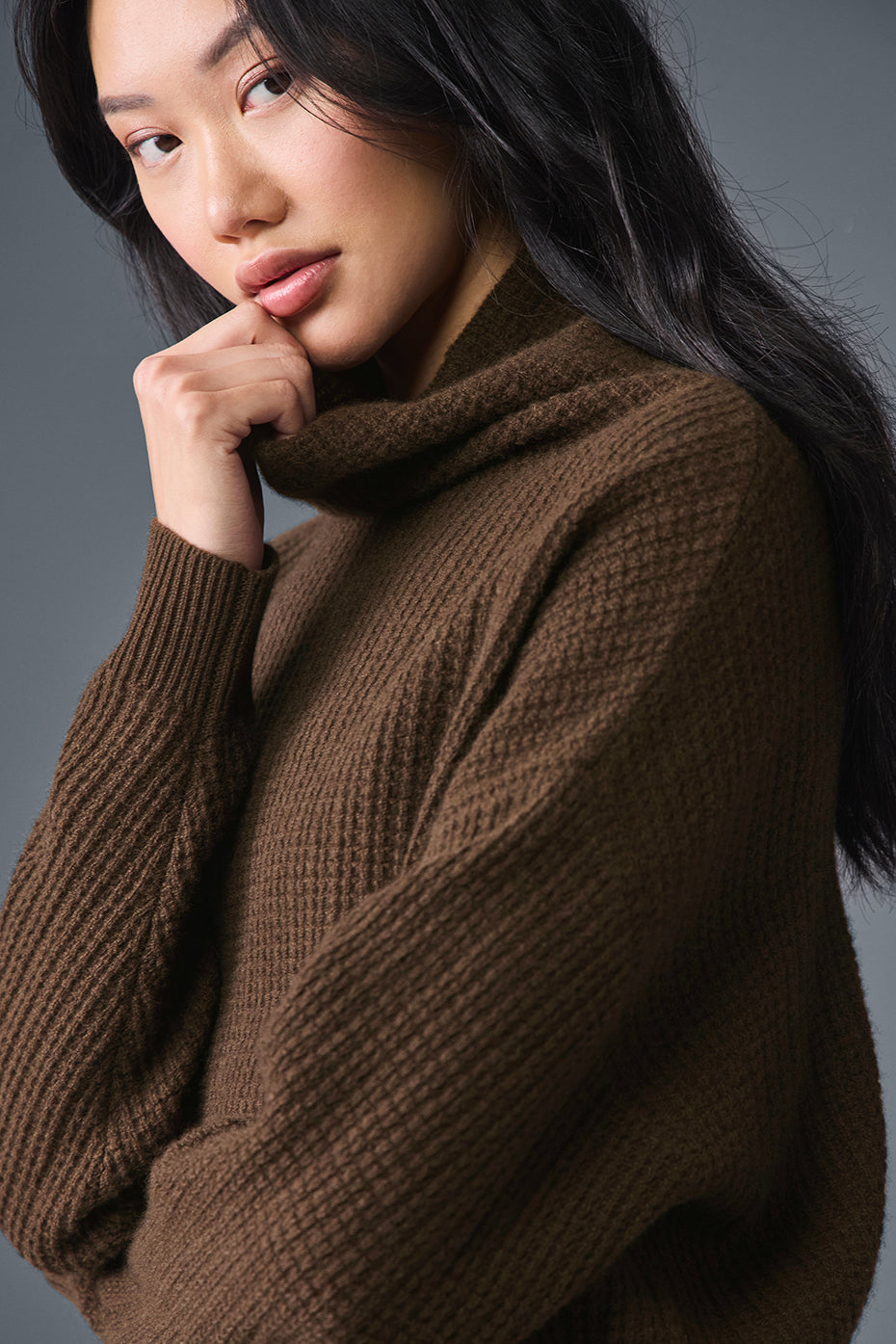 Cashmere Plush Waffle Turtleneck Crew Sweatshirt — Espresso