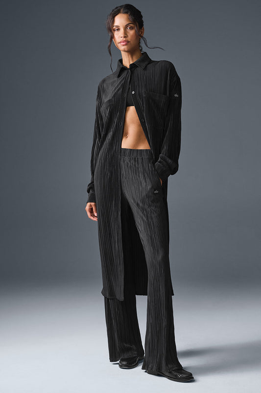 Micro Plisse Shirt Dress — Black