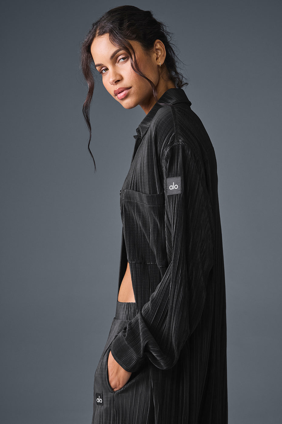 Micro Plisse Shirt Dress — Black