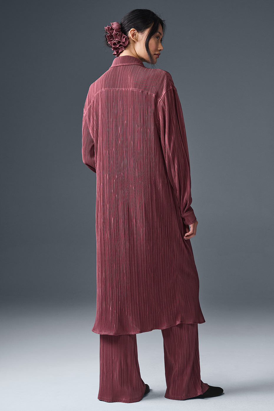 Micro Plisse Shirt Dress — Burgundy Truffle