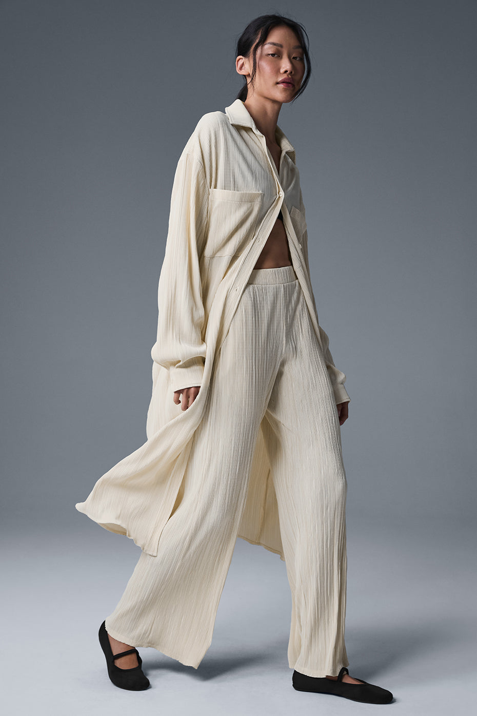 Micro Plisse Shirt Dress — Oat Milk
