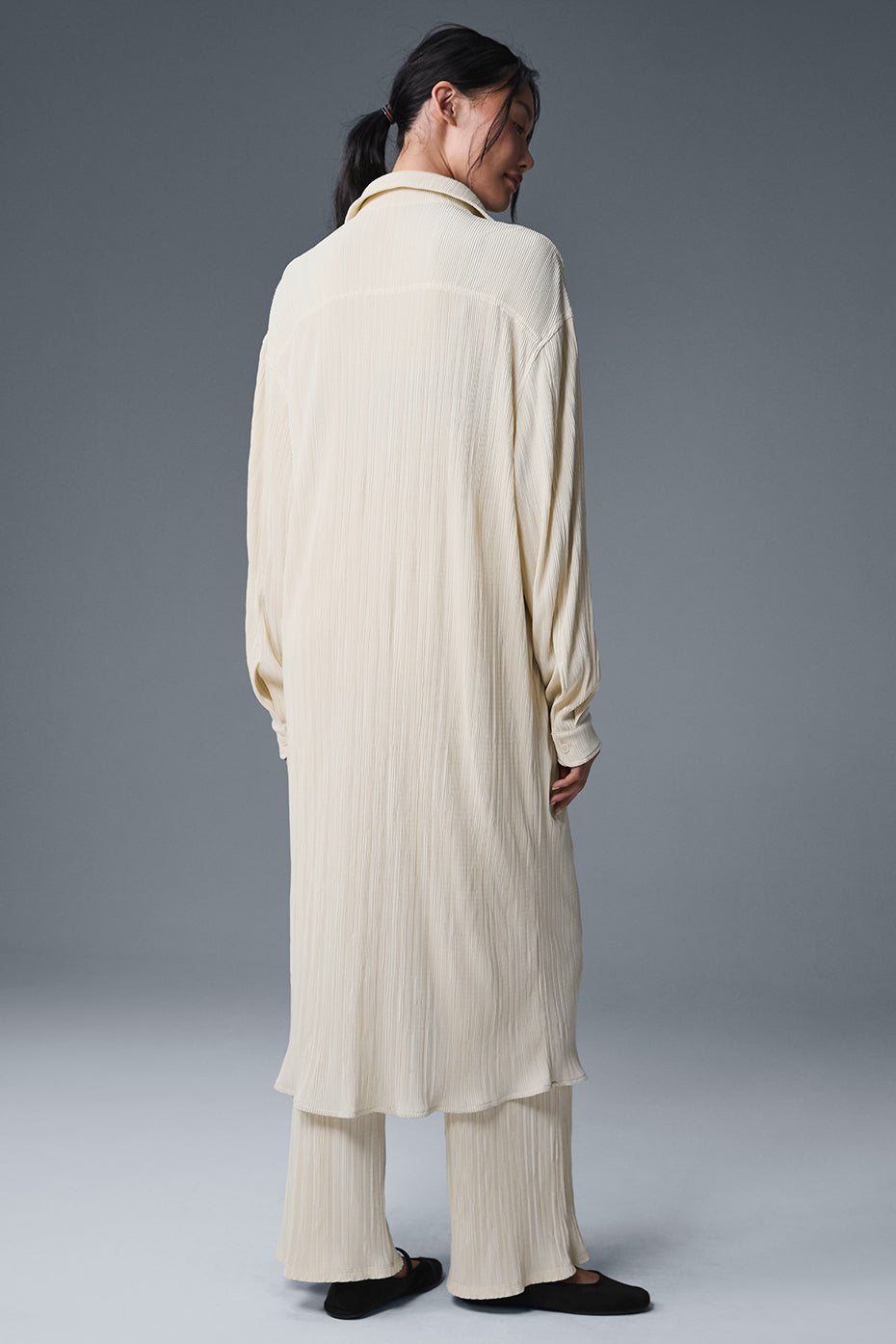 Micro Plisse Shirt Dress — Oat Milk