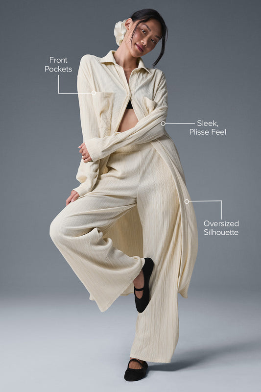 Micro Plisse Shirt Dress — Oat Milk