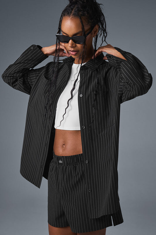 Pinstripe Daylight Button Down Long‑Sleeve — Black/Titanium