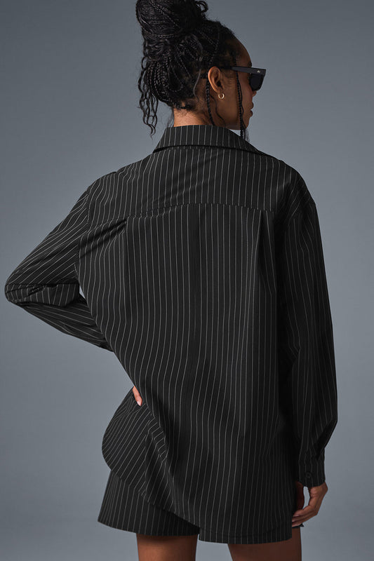 Pinstripe Daylight Button Down Long‑Sleeve — Black/Titanium