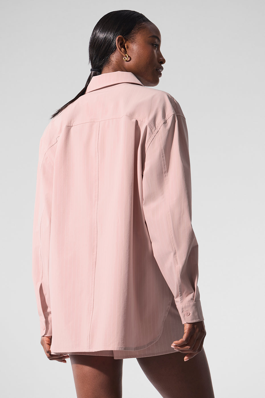 Pinstripe Daylight Button Down Long‑Sleeve — Pink Quartz/Ivory