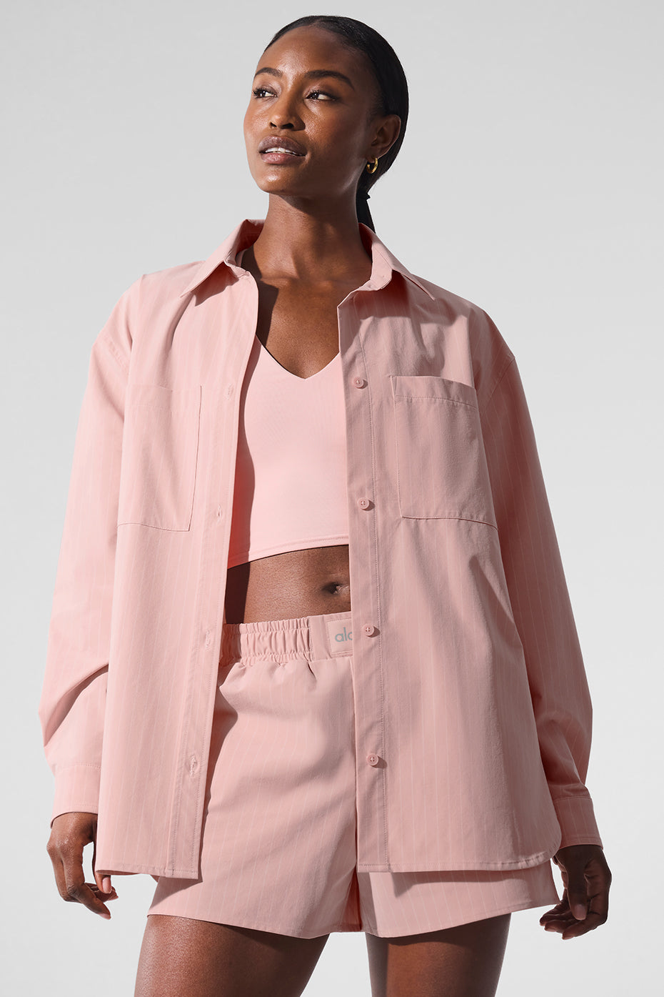 Pinstripe Daylight Button Down Long‑Sleeve — Pink Quartz/Ivory