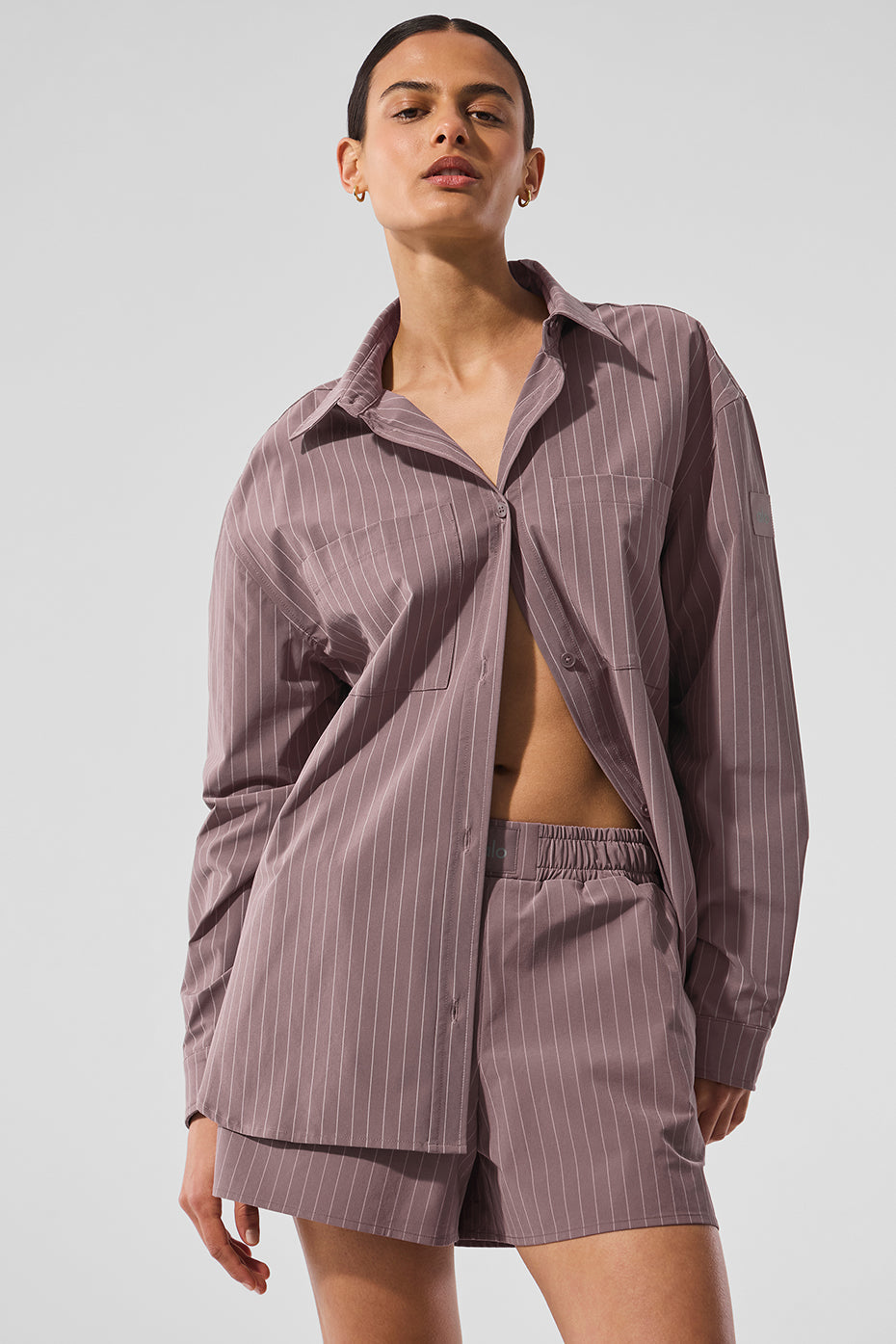 Pinstripe Daylight Button Down Long‑Sleeve — Mushroom/Ivory