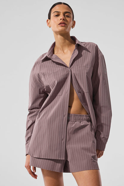 Pinstripe Daylight Button Down Long‑Sleeve — Mushroom/Ivory