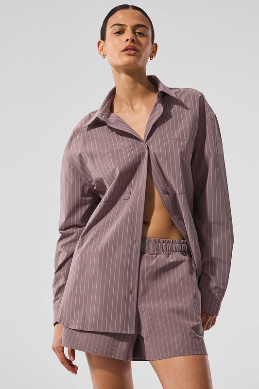 Pinstripe Daylight Button Down Long‑Sleeve — Mushroom/Ivory