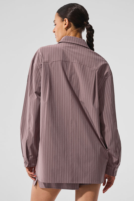 Pinstripe Daylight Button Down Long‑Sleeve — Mushroom/Ivory