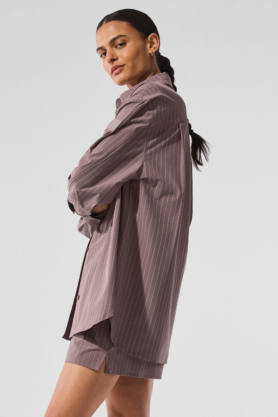 Pinstripe Daylight Button Down Long‑Sleeve — Mushroom/Ivory