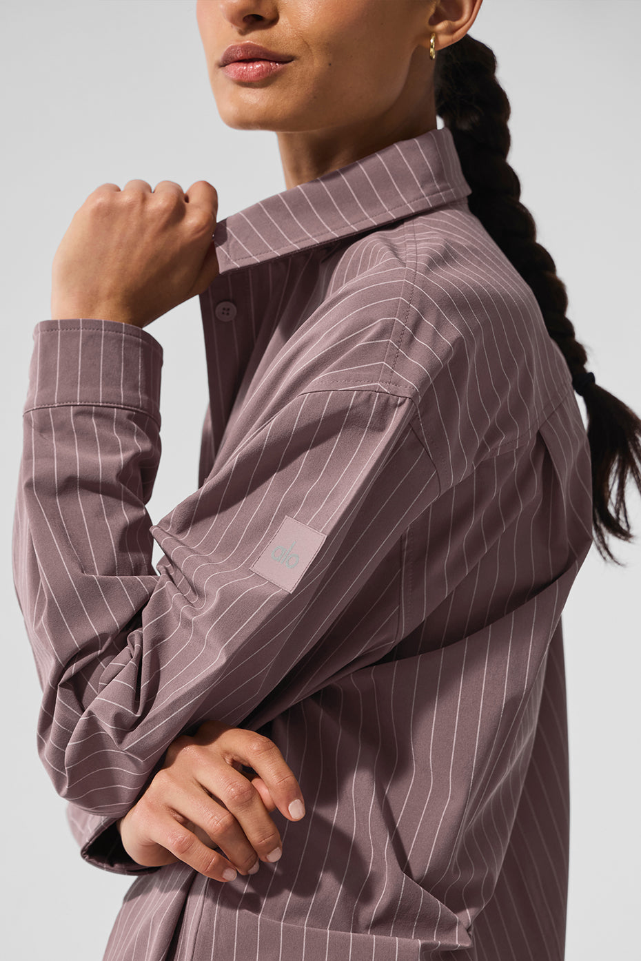 Pinstripe Daylight Button Down Long‑Sleeve — Mushroom/Ivory